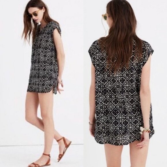 Madewell Lace-Up Cover-Up Tunic Black Printed Size Medium Bohemian‎ G2555 Boho M - Picture 1 of 8